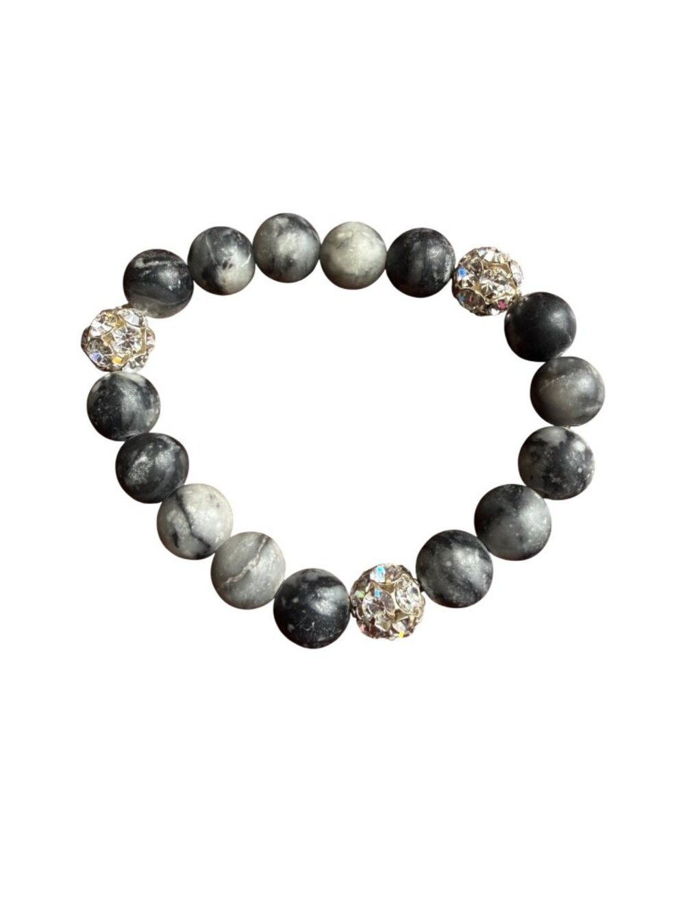 Black White Stone Bead Bracelet Rhinestone Accents